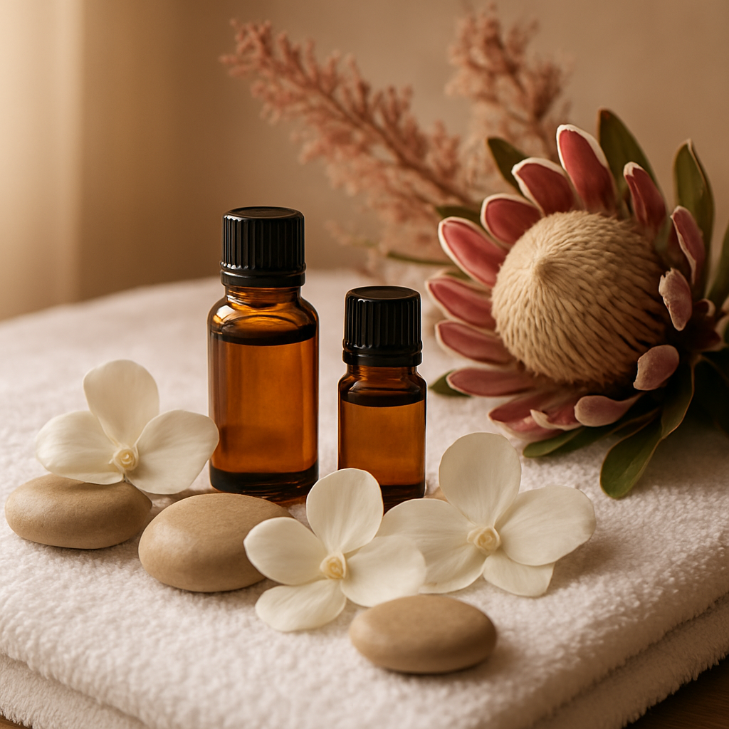 Massage therapy essentials — essential oils, stones and fresh orchid petals arranged on white linen