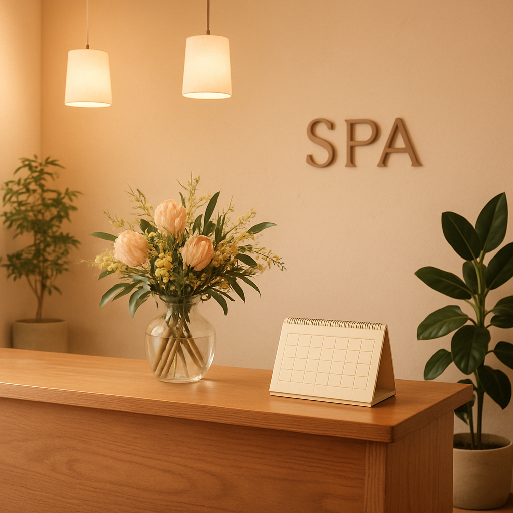 Welcoming massage clinic reception area with native flowers and warm lighting
