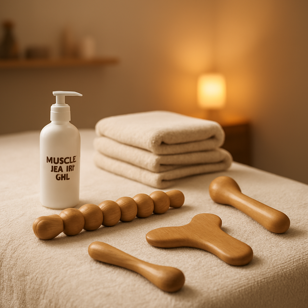 Deep tissue massage tools and towels arranged on a treatment table with warm amber lighting