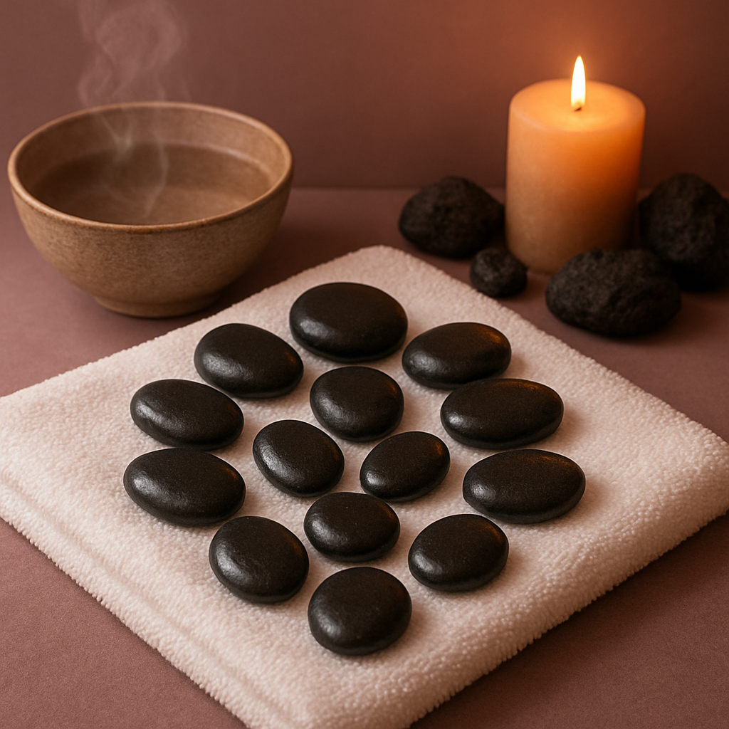 Hot basalt massage stones glistening on white towels with warm candlelight in a spa setting