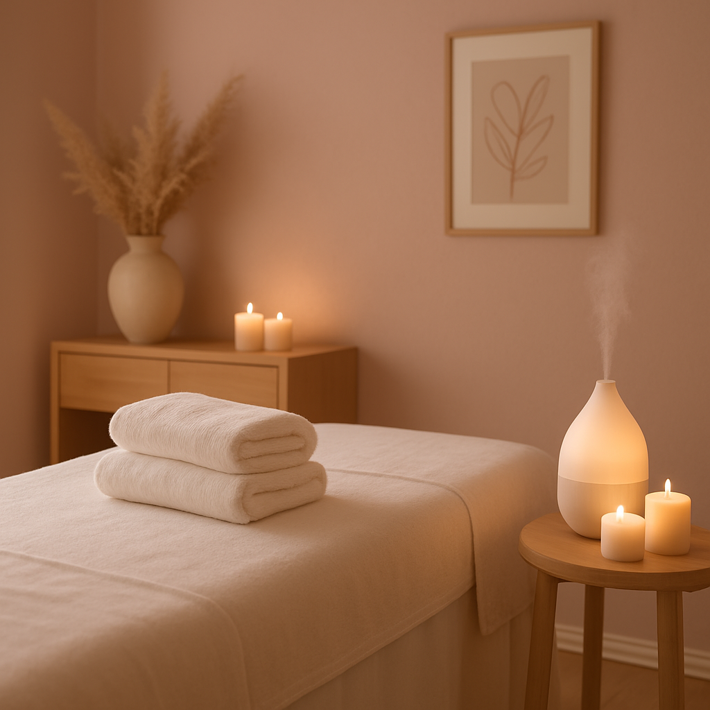 Serene massage room with soft lighting and neatly folded white linen on a treatment table